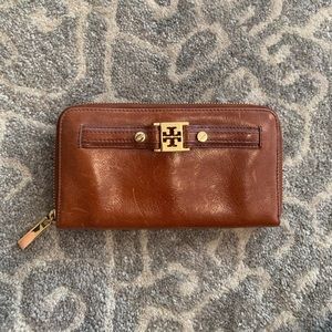 leather tory burch zip-around wallet